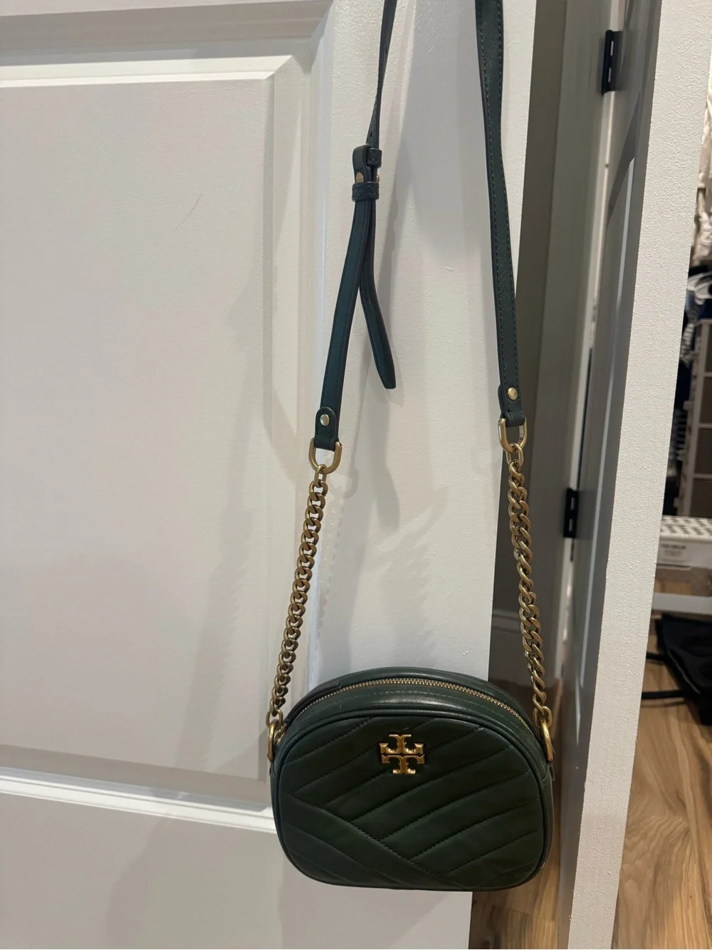 Tory Burch Dark Green Quilted Leather Chain Strap Crossbody